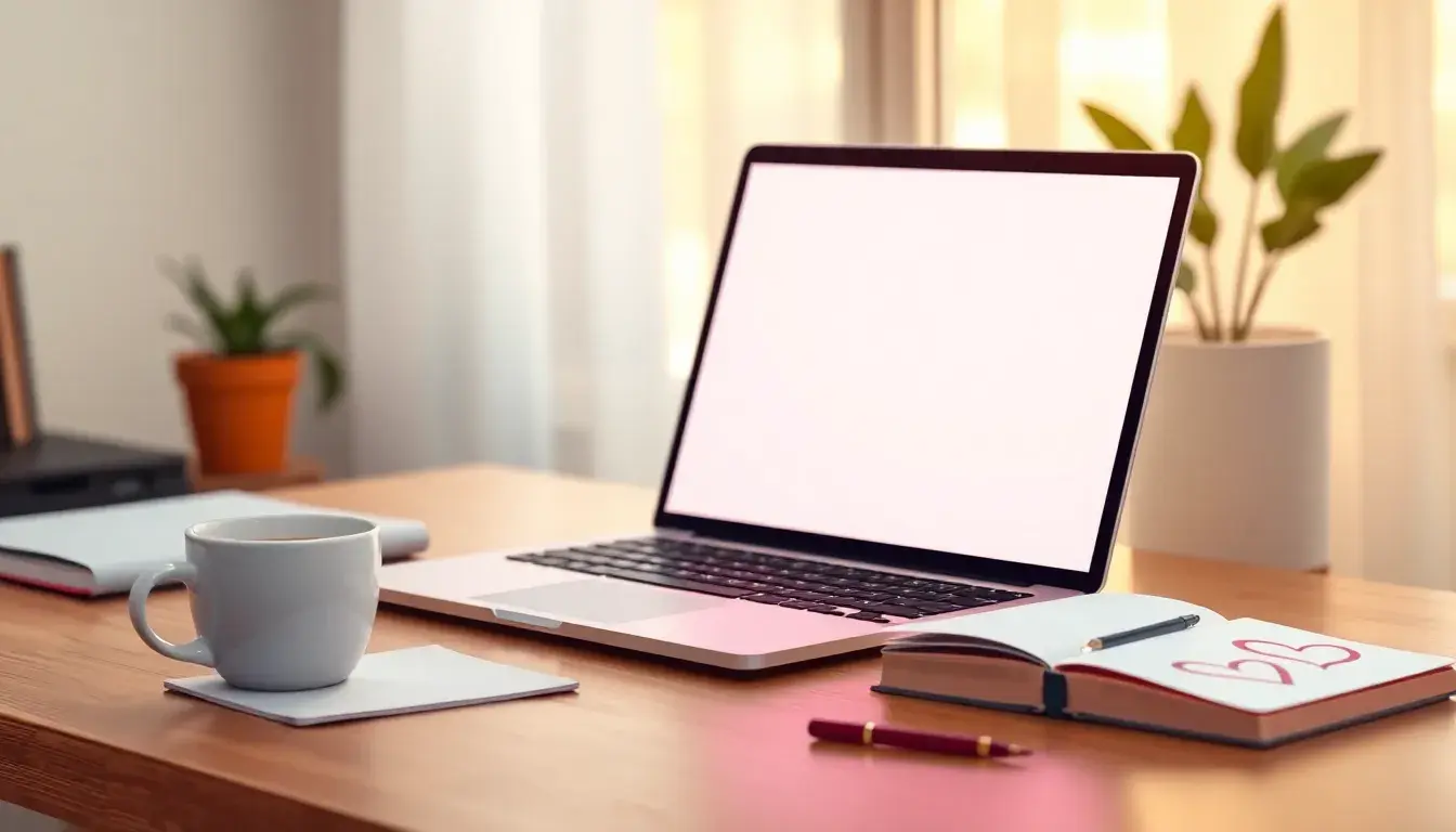 Escritorio acogedor con laptop mostrando interfaz de calculador de amor y café.