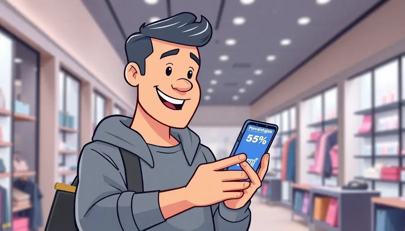 Persona usando una calculadora descuento en su teléfono móvil durante las rebajas.