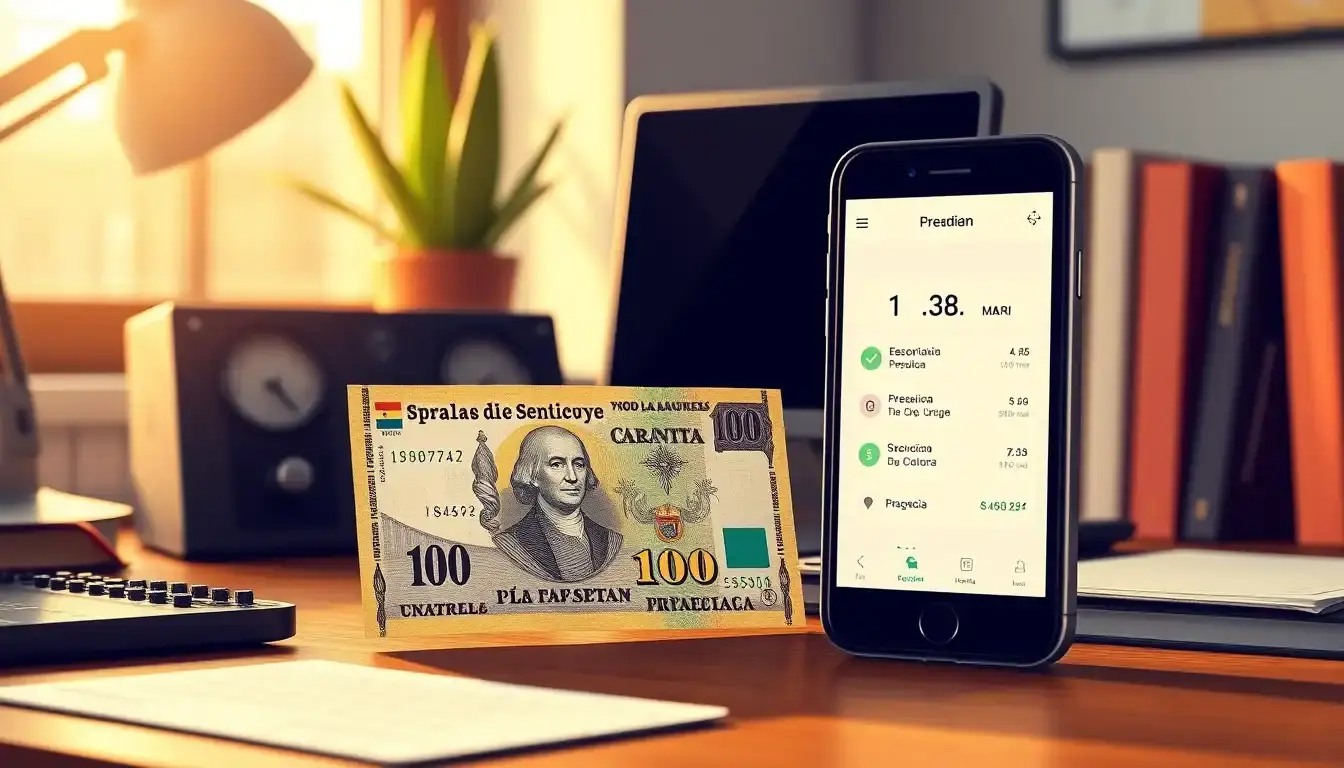 Teléfono móvil junto a billetes antiguos de pesetas en escritorio moderno