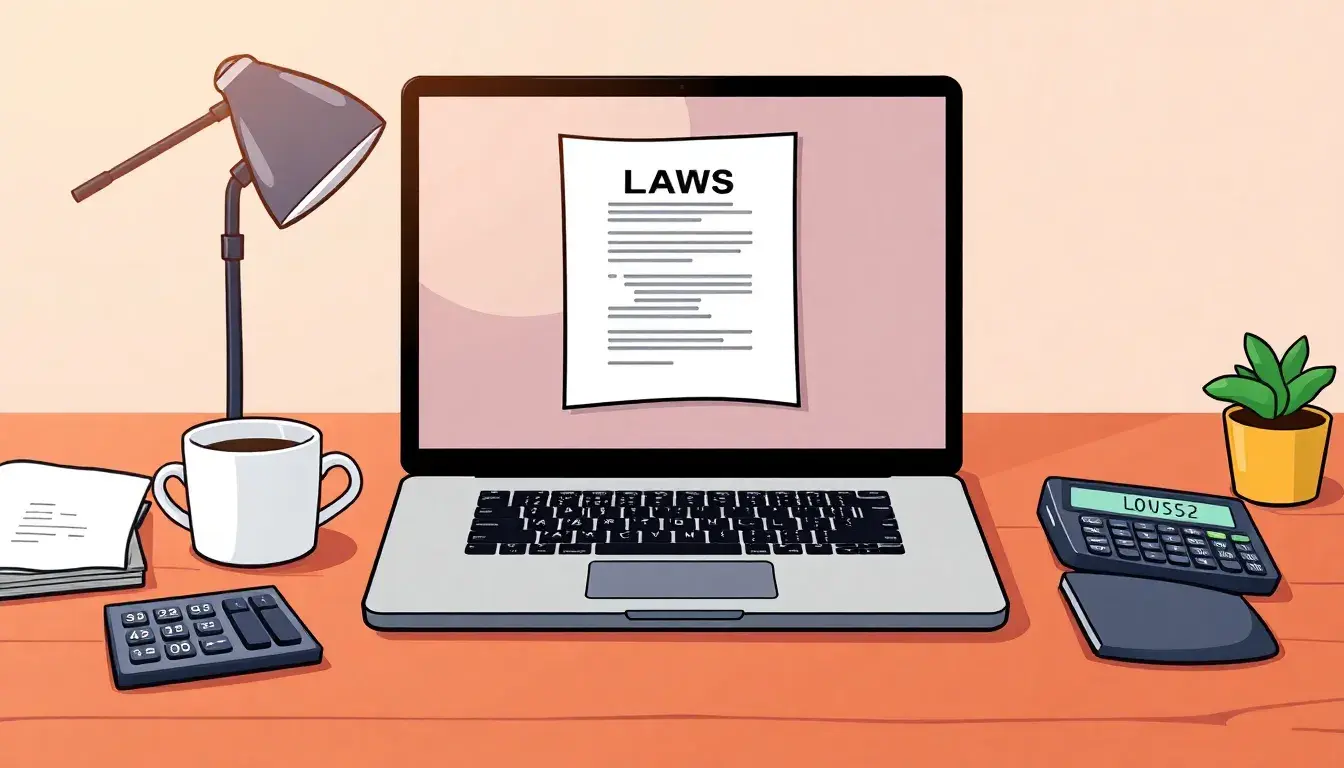 Escritorio moderno con laptop y documentos legales sobre indemnización laboral.
